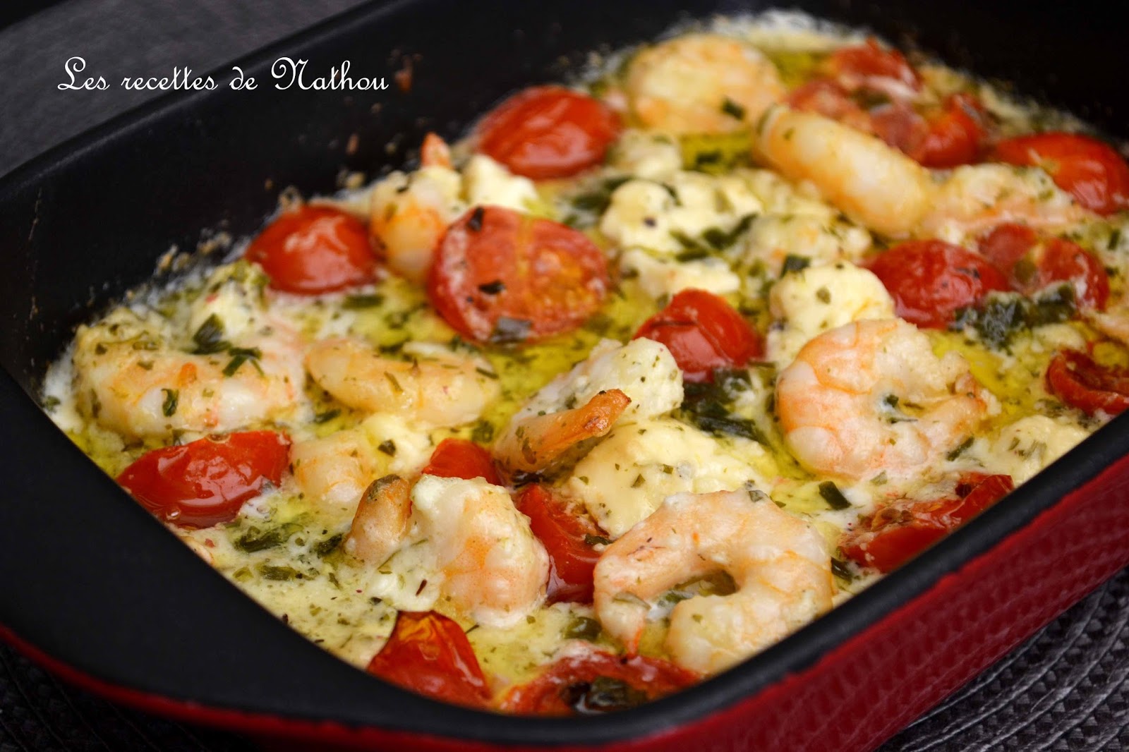 Scampis Ã  l'ail, feta et tomates cerise au four - Cuisine Momix